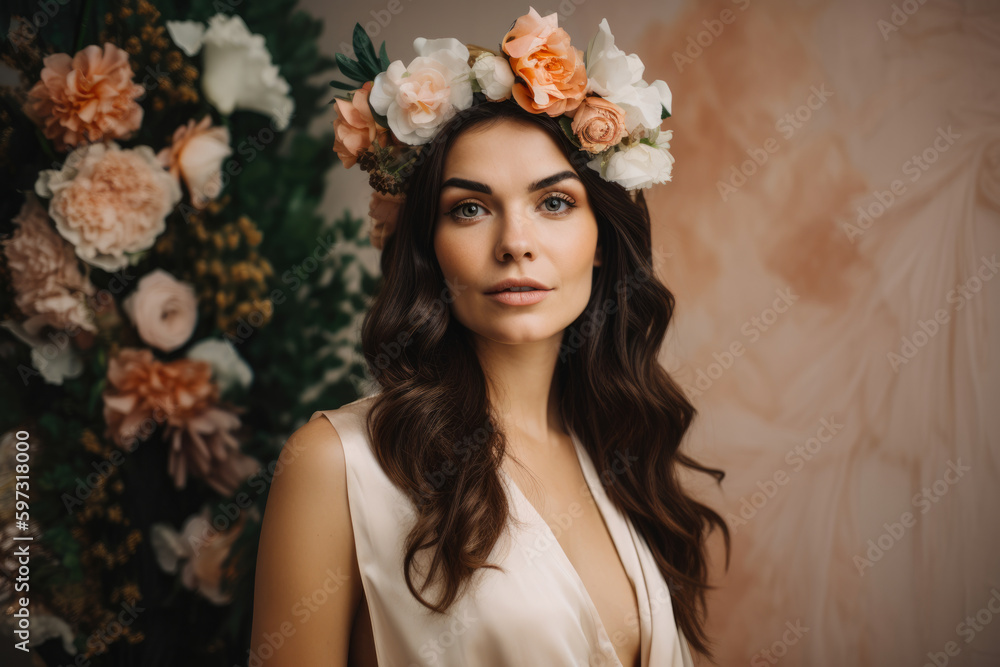 Portrait of a beautiful woman with a peach-colored flower crown, wearing a flowy white dress and standing in front of a floral background, generative ai