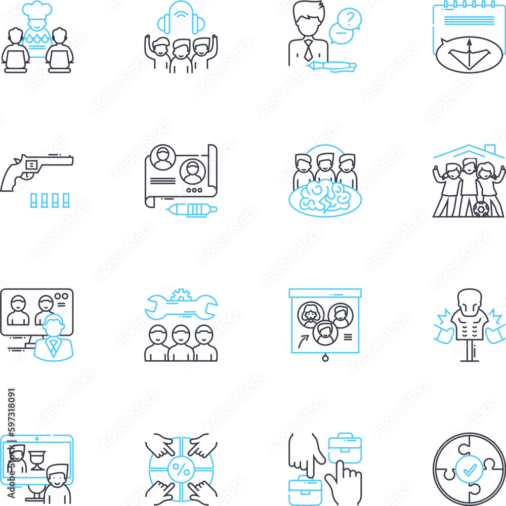 Neighborhood linear icons set. Community, Diversity, Culture, Friendship, Safety, Environment, Developments line vector and concept signs. Entertainment,Walking,Friendly outline illustrations