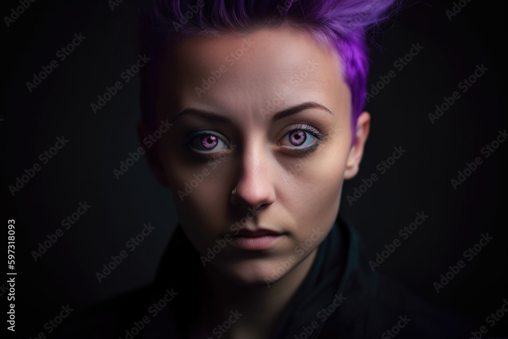 Portrait of a beautiful woman with bold, angular features and piercing, deep purple eyes, standing against a dramatic, dark light purple background, generative ai