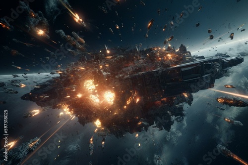 Stampa su tela Epic sci-fi battle with battlecruisers and fight ships in space