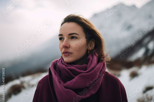 Portrait of a beautiful woman with a plum-colored scarf wrapped around her neck, standing in front of a snowy mountain landscape, generative ai © aicandy