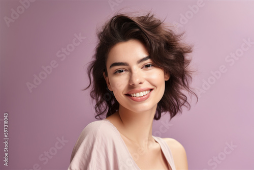 portrait of a beautiful woman with a sweet smile, set against a pale purple background that highlights her delicate features and warm personality, generative ai