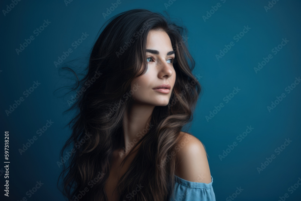Portrait of a beautiful woman with light blue background and long wavy hair, looking off into the distance with a dreamy expression, generative ai Portrait of a beautiful woman with light blue background and long wavy hair, looking off into the distance with a dreamy expression, generative ai