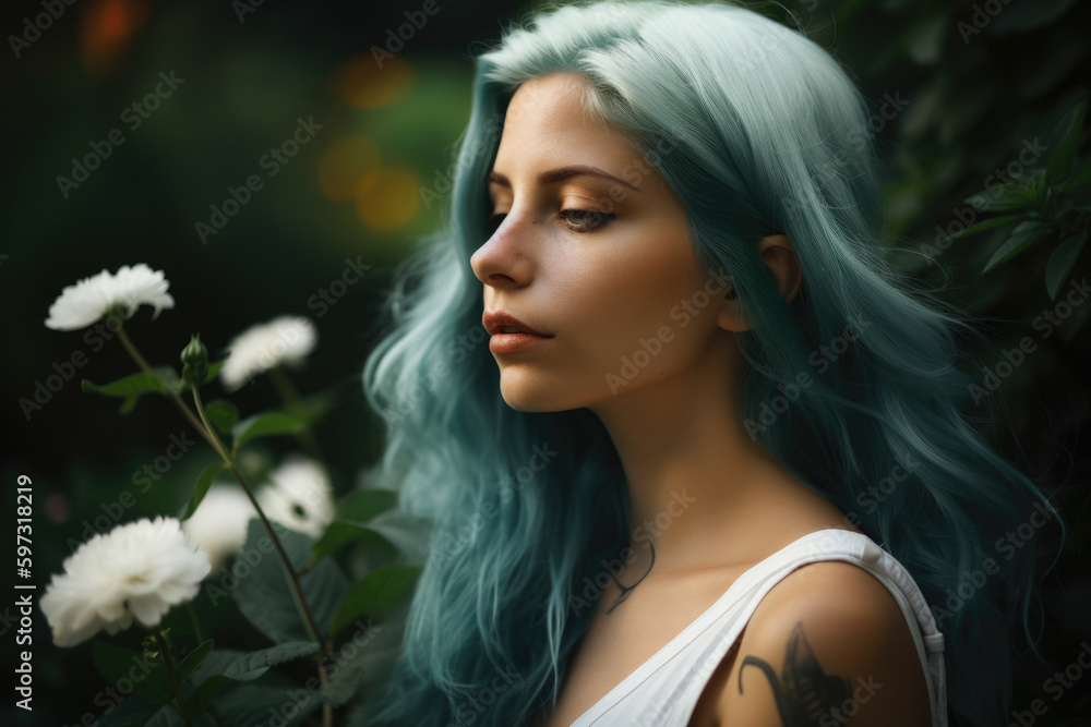 Portrait of a beautiful woman with long baby green hair, holding a delicate white flower against a backdrop of lush green foliage, generative ai Portrait of a beautiful woman with long baby green hair, holding a delicate white flower against a backdrop of lush green foliage, generative ai