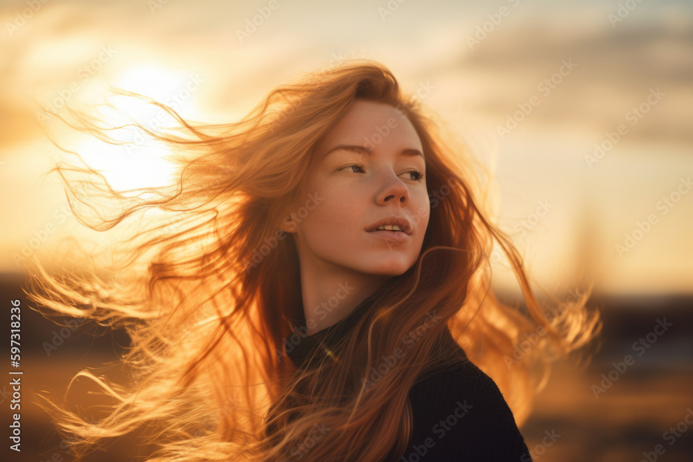 portrait of a beautiful woman with long golden hair flowing in the wind, set against a golden sunset sky, generative ai