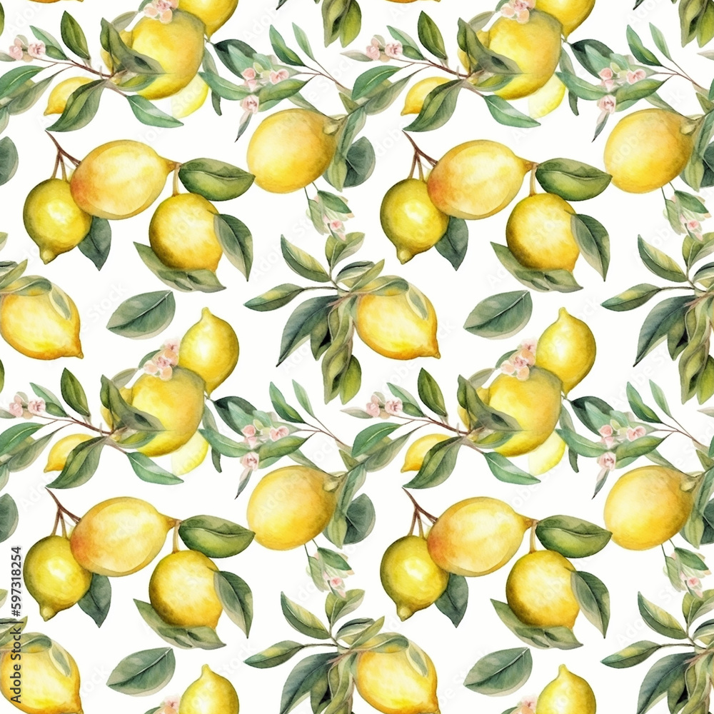 Seamless pattern with many lemons on white background in watercolor style. Generative AI.