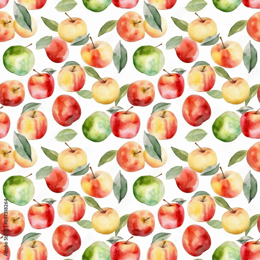 Seamless pattern with many ripe apples on white background in watercolor style. Generative AI. Seamless pattern with many ripe apples on white background in watercolor style. Generative AI.