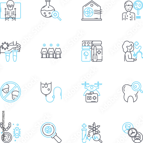 Medical center linear icons set. Clinic, Hospital, Pharmacy, Laboratory, Emergency, Rehabilitation, Radiology line vector and concept signs. Surgery,Pediatrics,Neurology outline illustrations