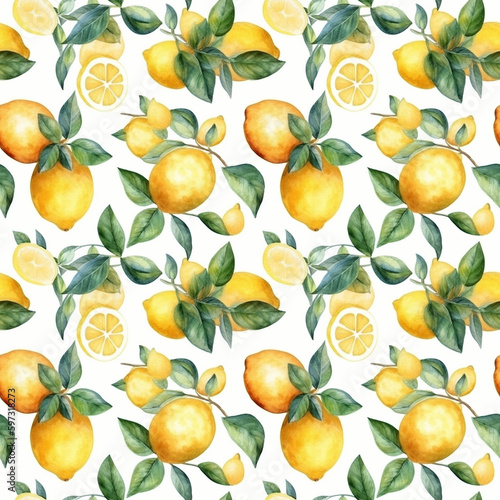 Seamless pattern with many lemons on white background in watercolor style. Generative AI.