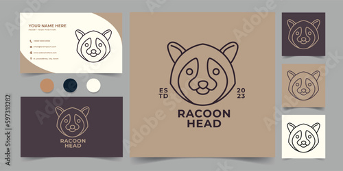 racoon head monoline animal logo and business card template