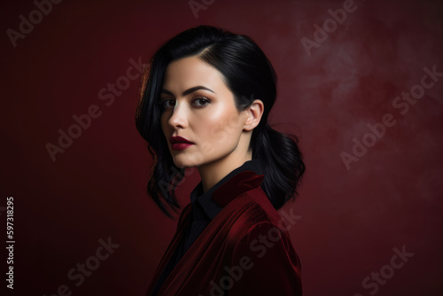Portrait of a beautiful woman with maroon background, her sleek black hair and sharp features give her an edgy yet elegant look, generative ai