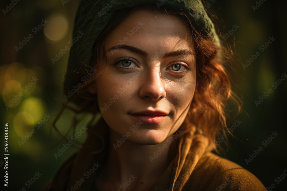 Portrait of a beautiful woman with piercing green eyes and a soft, gentle smile, set against a forest green background with rays of golden sunlight shining through, generative ai Portrait of a beautiful woman with piercing green eyes and a soft, gentle smile, set against a forest green background with rays of golden sunlight shining through, generative ai