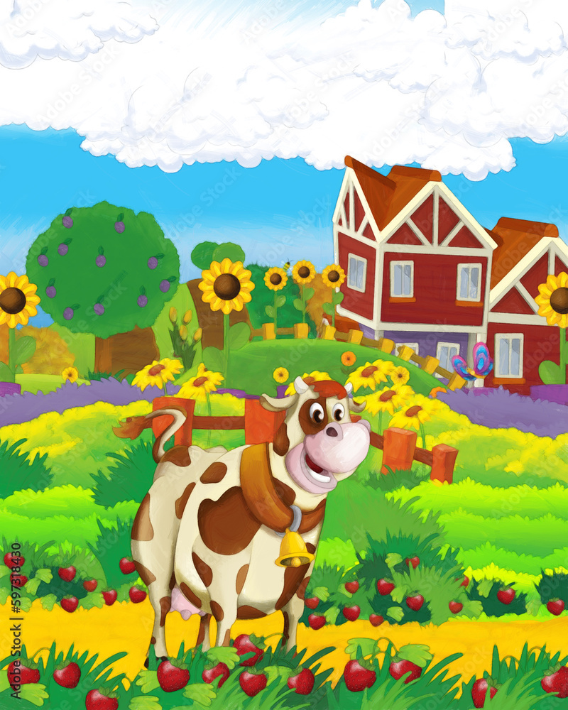 cartoon scene with cow having fun on the farm on white background - illustration for children cartoon scene with cow having fun on the farm on white background - illustration for children