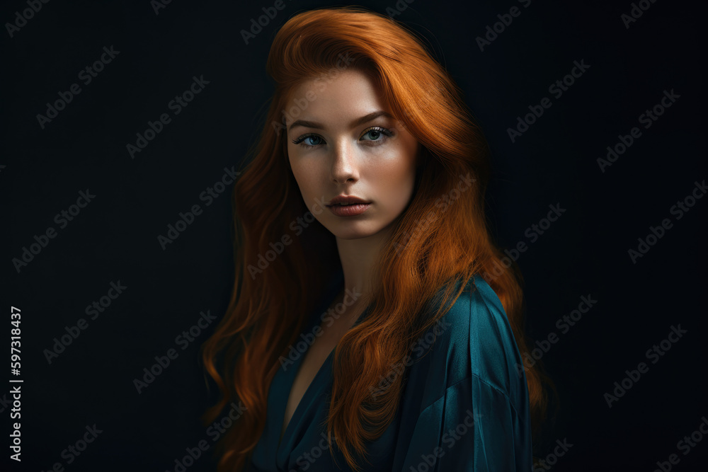 Portrait of a beautiful woman with rust-colored hair in a half-up half-down hairstyle, wearing a blue silk dress and standing against a dark blue background, generative ai