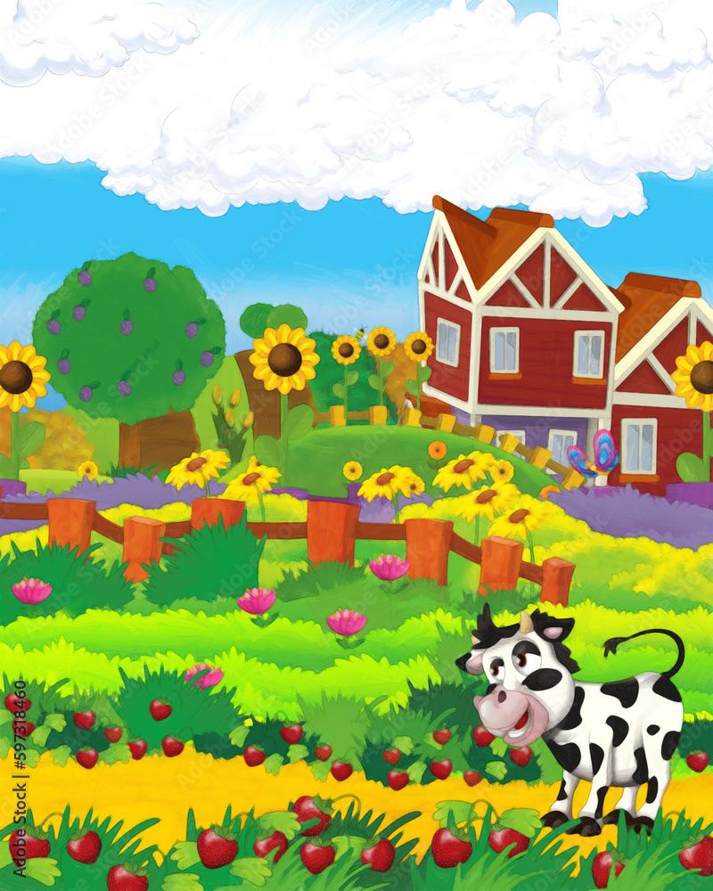 Naklejka premium cartoon scene with cow having fun on the farm on white background - illustration for children