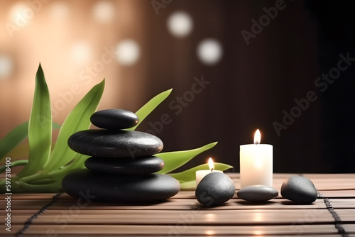 Spa still life with aromatic candles  zen stones  and plants. Generative AI