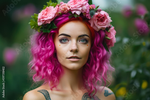 Portrait of a beautiful woman with neon pink hair and vibrant floral headpiece, standing in a lush green garden, generative ai