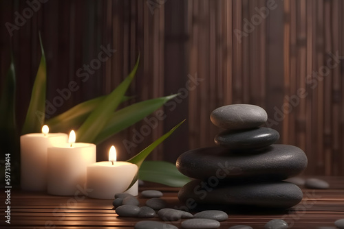 Spa still life with aromatic candles, zen stones, and plants. Generative AI