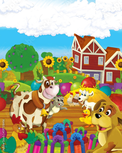 cartoon scene with cow having fun on the farm on white background - illustration for children