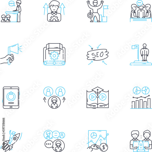 Human management linear icons set. Leadership, Communication, Delegation, Motivation, Empowerment, Training, Development line vector and concept signs. Feedback,Coaching,Performance outline