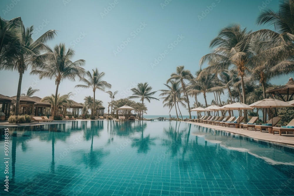 Luxurious beach resort with swimming pool, beach chairs, palm trees, blue sky. Summer travel concept. Generative AI