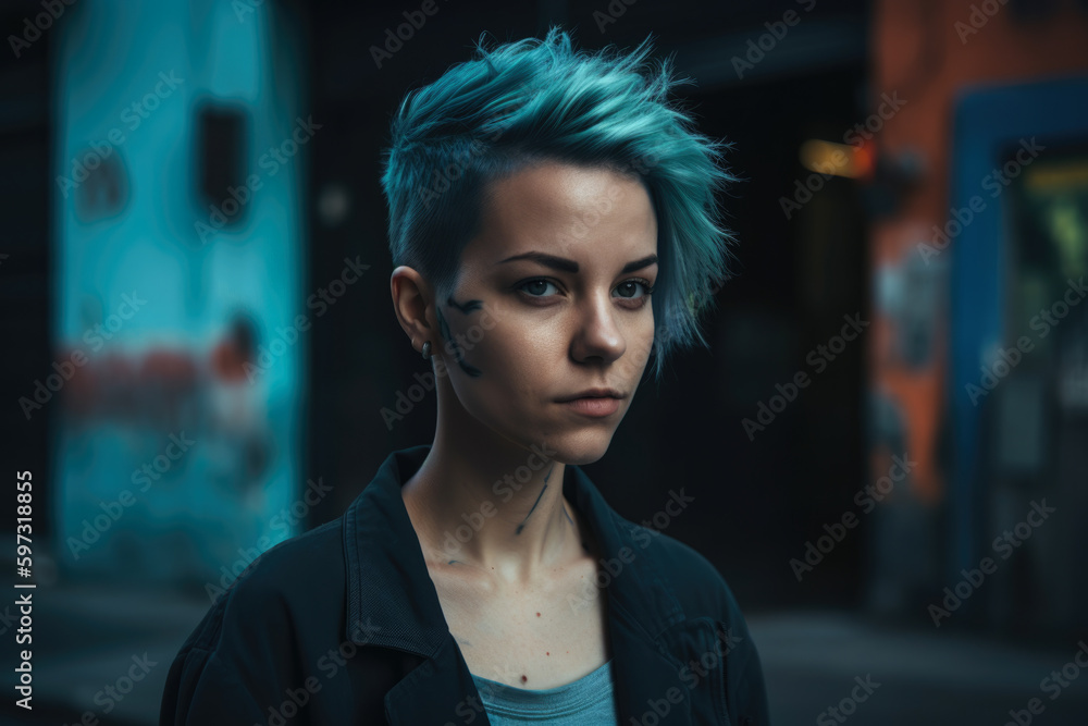 Portrait of a fierce and confident woman with short neon blue hair, set against a gritty urban backdrop, generative ai Portrait of a fierce and confident woman with short neon blue hair, set against a gritty urban backdrop, generative ai