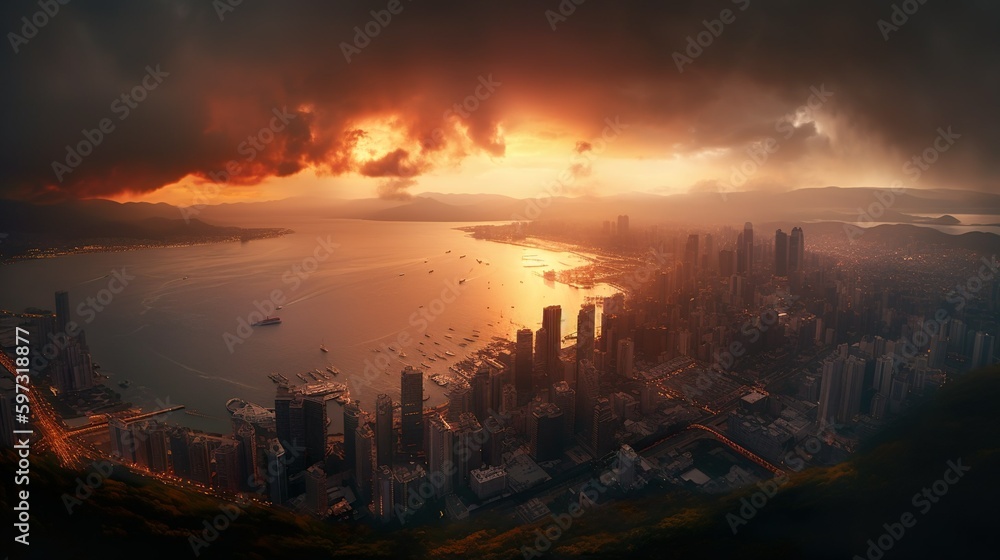 sunset over the lake with city in front sunset over the lake with city in front