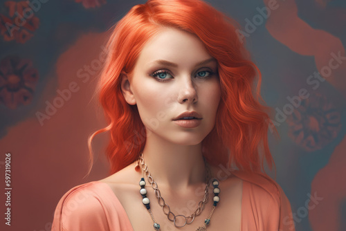Portrait of a mesmerizing woman with coral-colored hair  wearing a simple coral necklace  set against a coral-colored background  generative ai