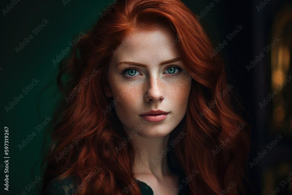 Portrait of a stunning woman with flowing auburn hair and piercing green eyes against a rich garnet-colored backdrop, exuding confidence and allure, generative ai - obrazy, fototapety, plakaty 
