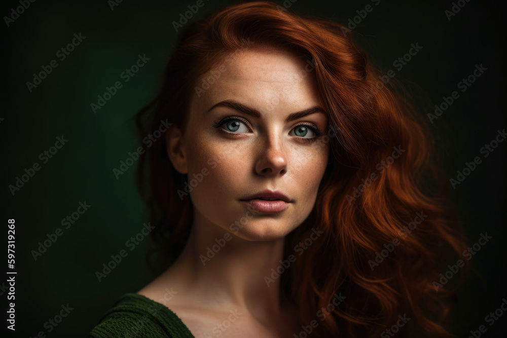 Fototapeta premium Portrait of a stunning woman with flowing auburn hair and piercing green eyes against a rich garnet-colored backdrop, exuding confidence and allure, generative ai