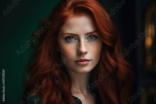 Portrait of a stunning woman with flowing auburn hair and piercing green eyes against a rich garnet-colored backdrop, exuding confidence and allure, generative ai