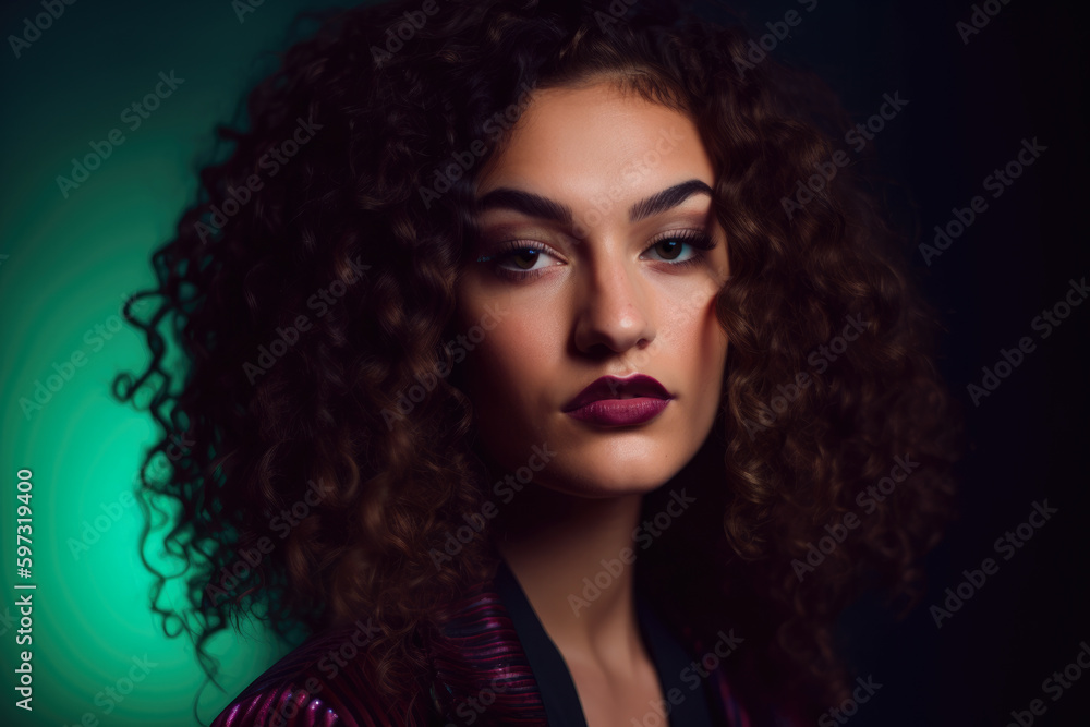 Naklejka premium portrait of a stunning woman with long curly hair, wearing a bold red lipstick and an intense gaze, set against a dark teal background with a hint of purple bokeh effect, generative ai