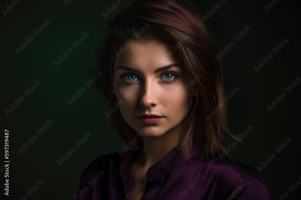 Portrait of a stunning woman with piercing green eyes, wearing a plum-colored blouse against a black background, generative ai Portrait of a stunning woman with piercing green eyes, wearing a plum-colored blouse against a black background, generative ai
