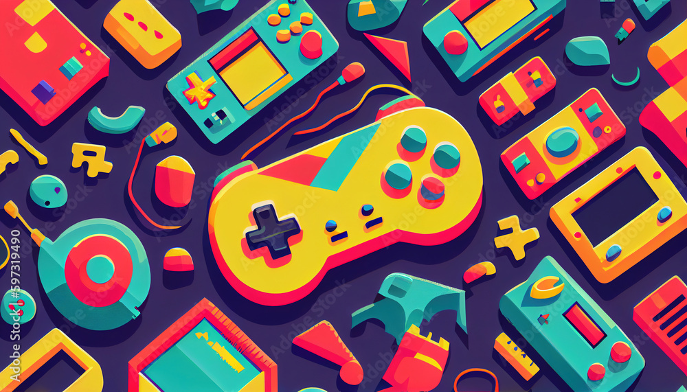 Fototapeta premium Vintage Retro Gamepad style background. Futuristic Vintage Game, game 90s. Generative AI.