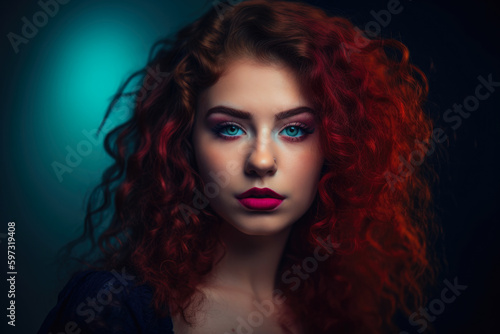 portrait of a stunning woman with long curly hair, wearing a bold red lipstick and an intense gaze, set against a dark teal background with a hint of purple bokeh effect, generative ai