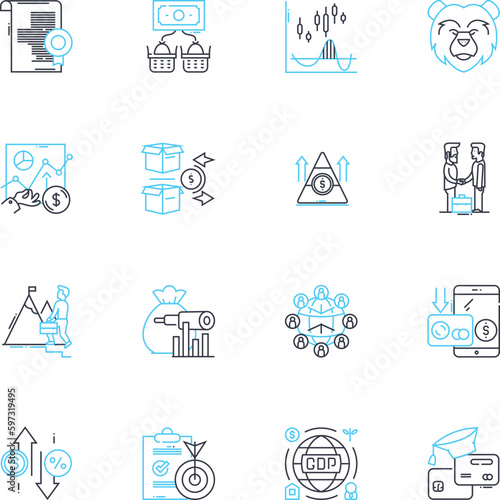 Financial guidance linear icons set. Budgeting, Investing, Retirement, Savings, Risk management, Taxation, Analysis line vector and concept signs. Planning,Debt management,Estate planning outline