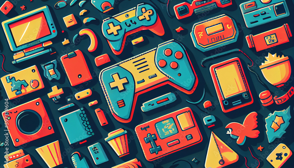 Vintage Retro Gamepad style background. Futuristic Vintage Game, game 90s. Generative AI.