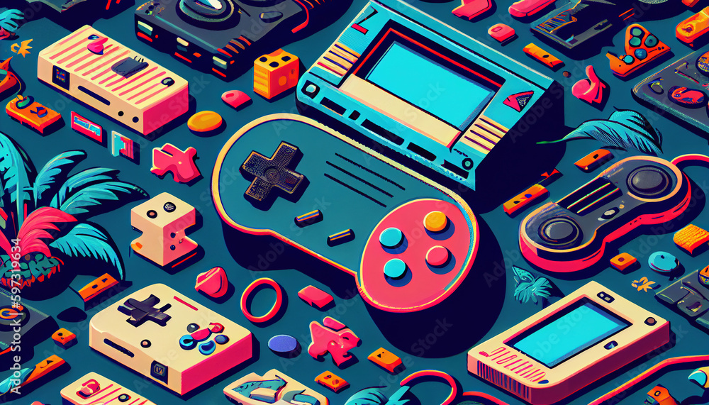 Obraz premium Vintage Retro Gamepad style background. Futuristic Vintage Game, game 90s. Generative AI.