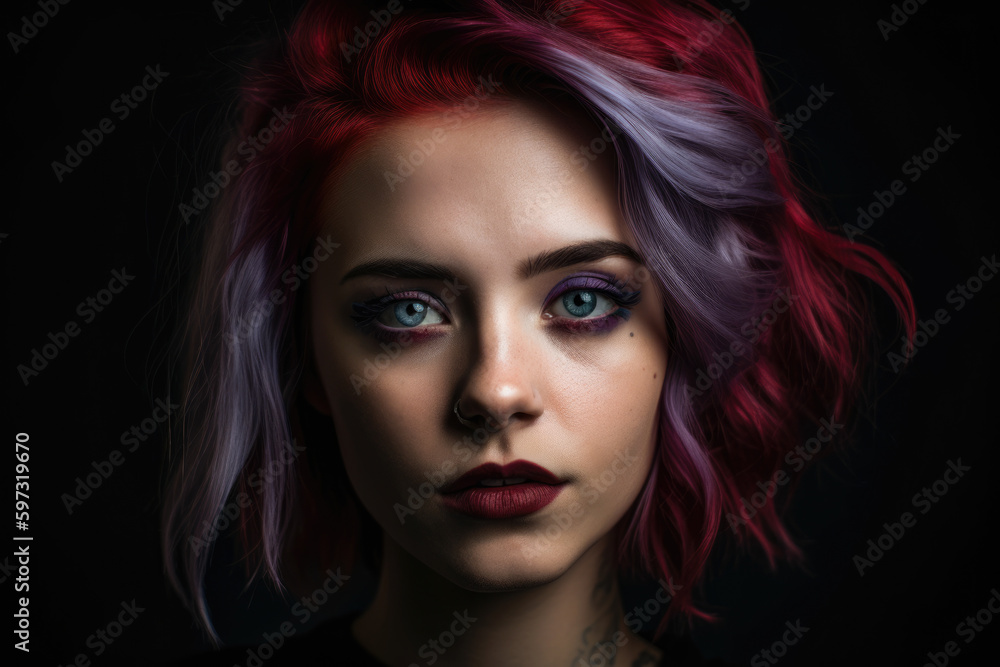 Portrait of a young woman with baby purple hair and piercing blue eyes, wearing a bold red lipstick and a dramatic cat-eye makeup, against a dark and moody background, generative ai