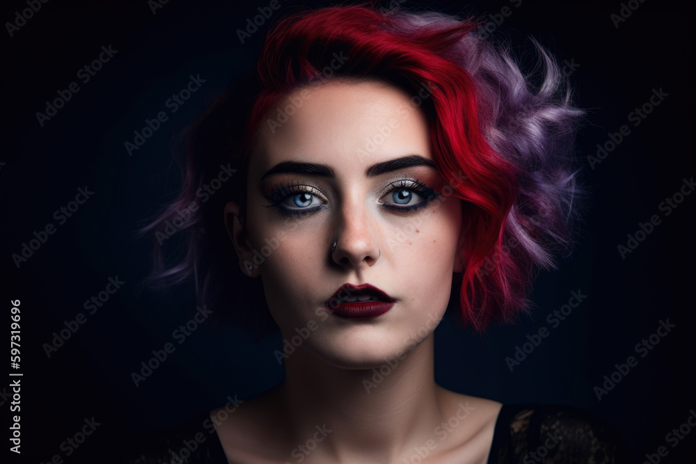 Portrait of a young woman with baby purple hair and piercing blue eyes, wearing a bold red lipstick and a dramatic cat-eye makeup, against a dark and moody background, generative ai