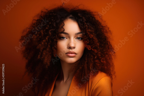 Portrait of a woman with long curly hair and striking features against a burnt orange background, exuding confidence and radiance, generative ai