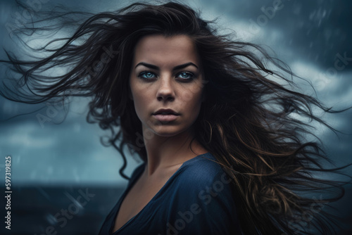 Radiant beauty with piercing steel blue eyes and flowing brunette hair in a windswept pose against a dramatic stormy sky backdrop, generative ai