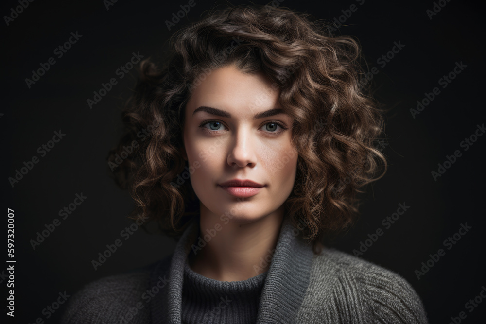 Radiant woman with natural curls and captivating eyes, wearing a dark gray sweater and standing against a dark gray background, generative ai