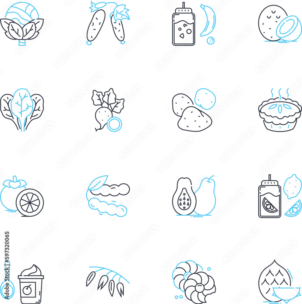 Fototapeta premium Cookery food linear icons set. Culinary, Flavorful, Delicious, Savory, Seasd, Exquisite, Succulent line vector and concept signs. Zesty,Gourmet,Homestyle outline illustrations