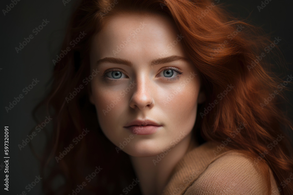 serene woman with auburn hair, soft brown eyes, and a gentle expression, photographed against a neutral camel backdrop, generative ai serene woman with auburn hair, soft brown eyes, and a gentle expression, photographed against a neutral camel backdrop, generative ai