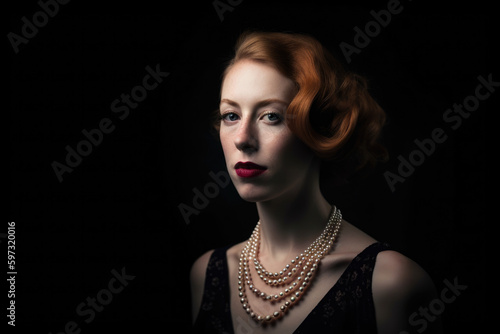 regal and elegant woman with rose-colored hair  wearing a vintage pearl necklace and posing against a sophisticated black background  generative ai