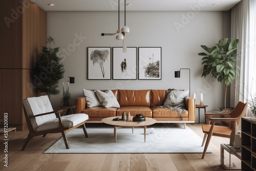 Minimalist living room with vibrant colors. Generative AI © Miriam