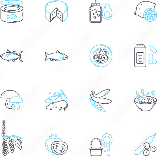 Delightful delicacy linear icons set. Tasty  Scrumptious  Delectable  Yummy  Appetizing  Mouthwatering  Savory line vector and concept signs. Flavorful Luscious Succulent outline illustrations