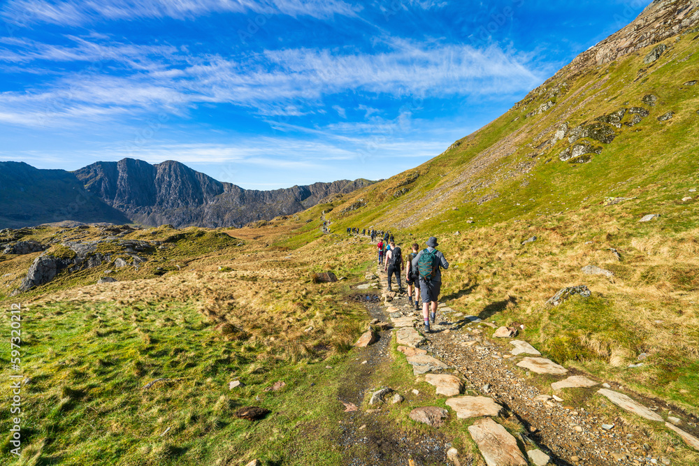 Hikers on Pyg track at Pen-y Pass in Snowdon. North Wales
