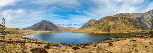 Llyn Idwal and Tryfan peak panorama in Snowdonia. North Wales